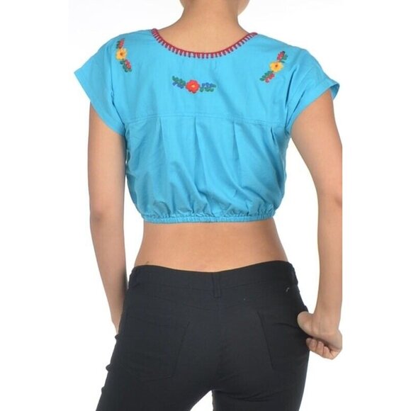 Turquoise Top S Embroidered BOHO Hippie Festival Bohemian Peasant Romantic Crop - Picture 3 of 3